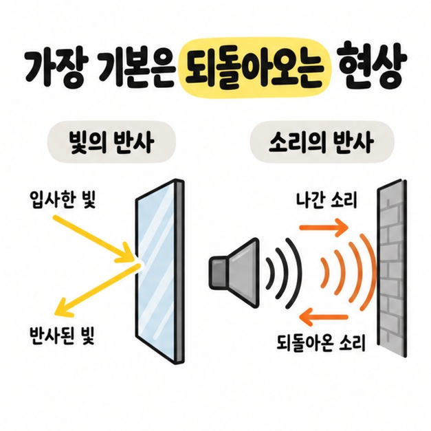 빛이 거울 표면에 닿았다가 되돌아가는 모습을 화살표로 보여주는 카드