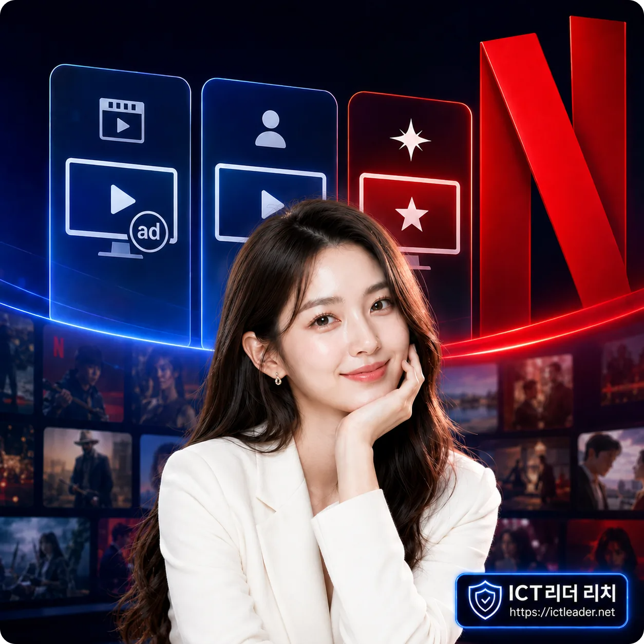 넷플릭스 요금제 비교를 상징하는 프리미엄 배경과 여성 모델, ICT리더 리치 로고가 포함된 텍스트 없는 대표 썸네일