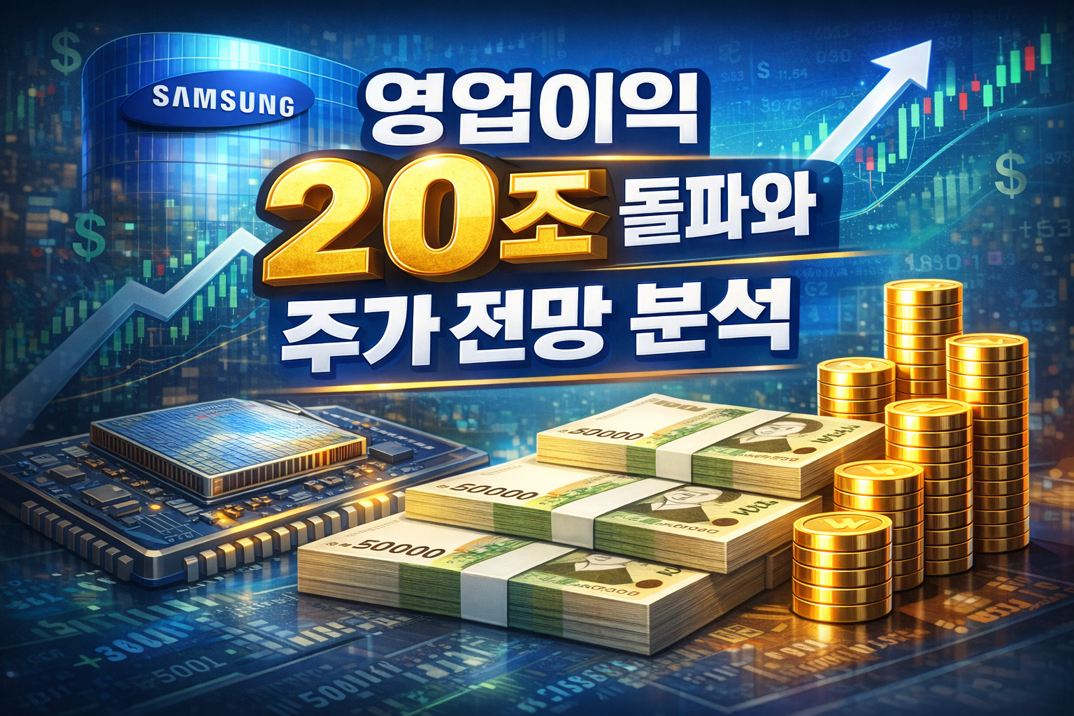 삼성전자 영업이익 20조 원 돌파를 상징하는 반도체 칩과 주가 상승 그래프, 실적 개선 흐름을 시각화한 이미지