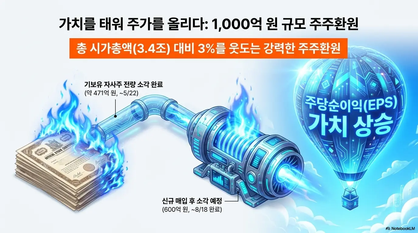 한솔케미칼 주가 전망: 한솔케미칼의 1,000억원 규모 주주환원을 표현한 이미지. 기보유 자사주 약 471억원 전량 소각 완료와 600억원 신규 매입 후 소각 예정을 통해 발행주식 수가 줄어 주당순이익 가치가 상승하는 효과를 시각적으로 설명함.