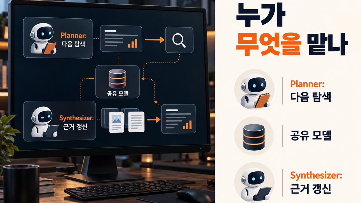 Planner가 다음 탐색을 고르고 Synthesizer가 근거를 갱신하는 역할 분리 구조