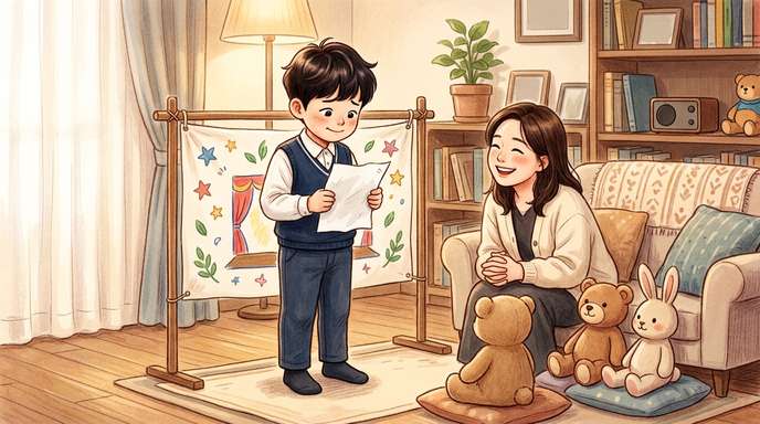집에서 발표 연습하는 아이