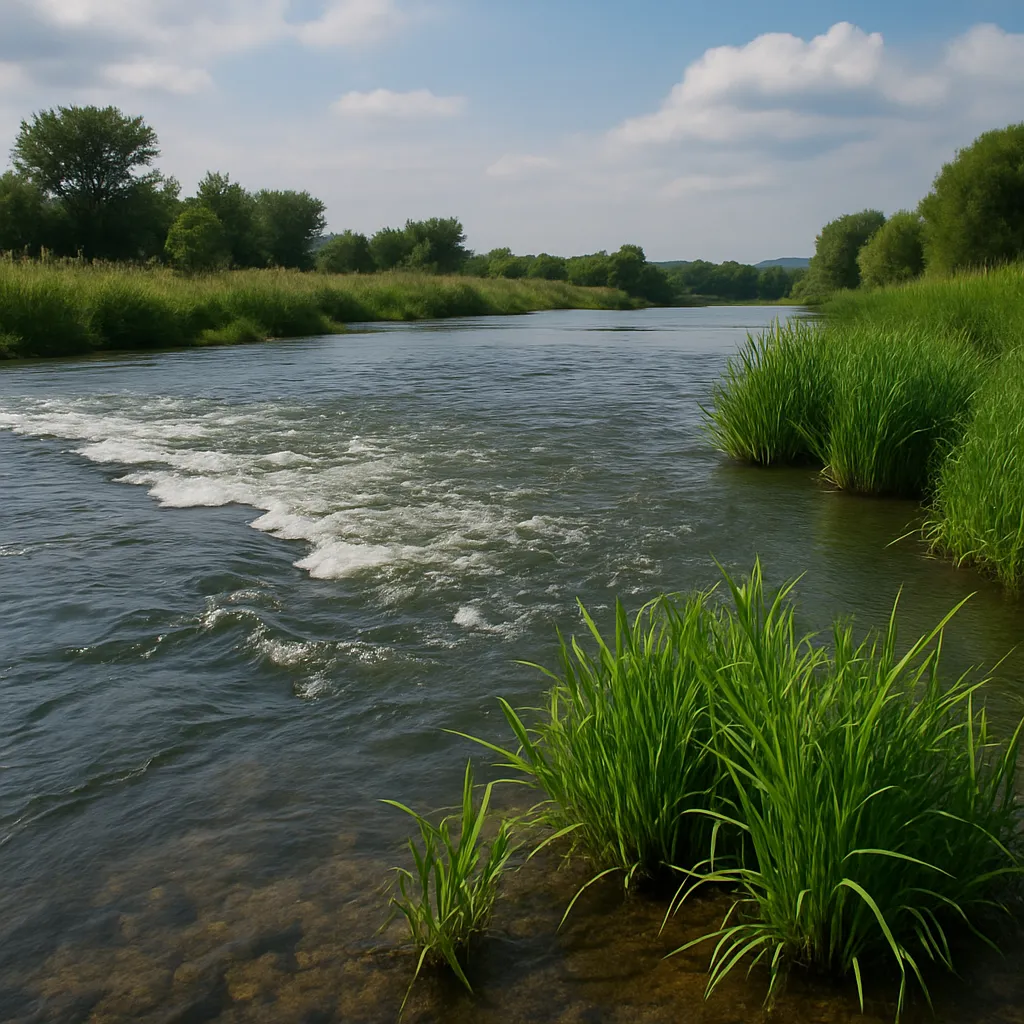 여울과 수초가 어우러진 하천 낚시 포인트 전경