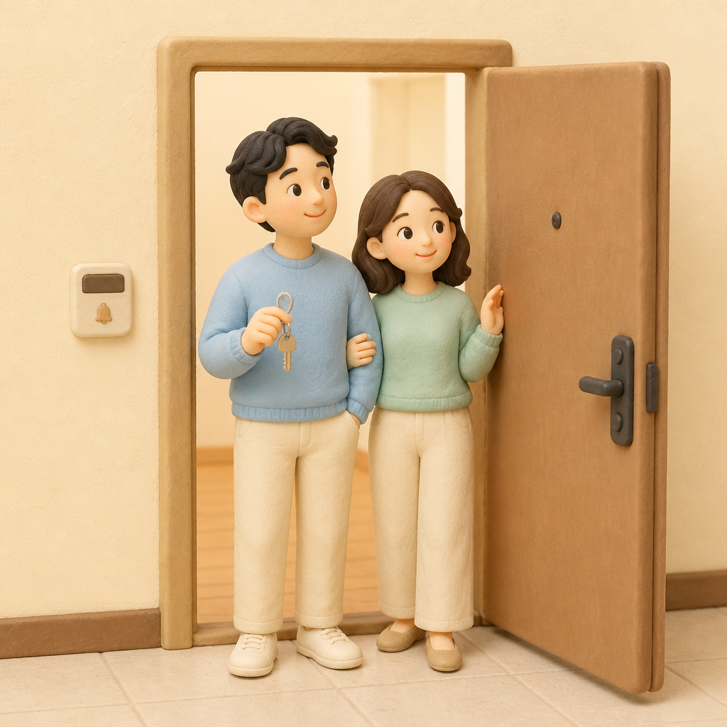아파트 현관 앞에서 열쇠를 들고 집을 둘러보는 30대 부부