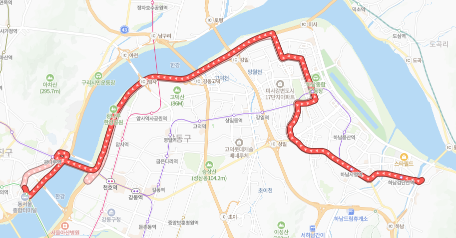 서울-하남-9304번-버스-노선-지도