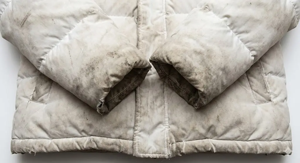 겨울 동안 입어서 목깃과 소매 끝이 검게 오염된 흰색 롱패딩의 모습