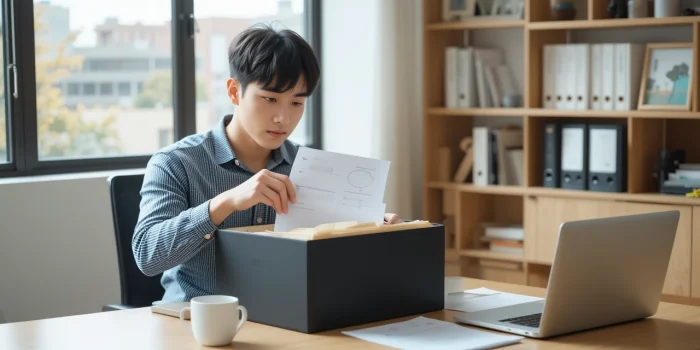 깔끔한 책상에서 서류 정리하는 모습