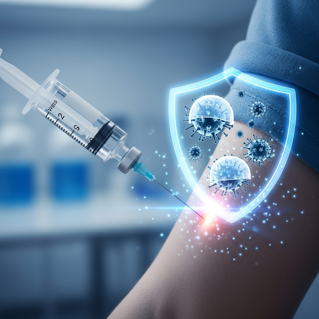 4가와 3가 독감 백신의 차이점을 나타내는 삽화. 주사기가 팔에 백신을 주입하고, 그 주변으로 면역력을 상징하는 푸른빛 방패가 형성되어 바이러스를 막는 모습. 백신으로 인한 건강과 안전을 강조합니다.