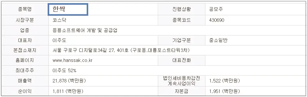 한싹 공모주