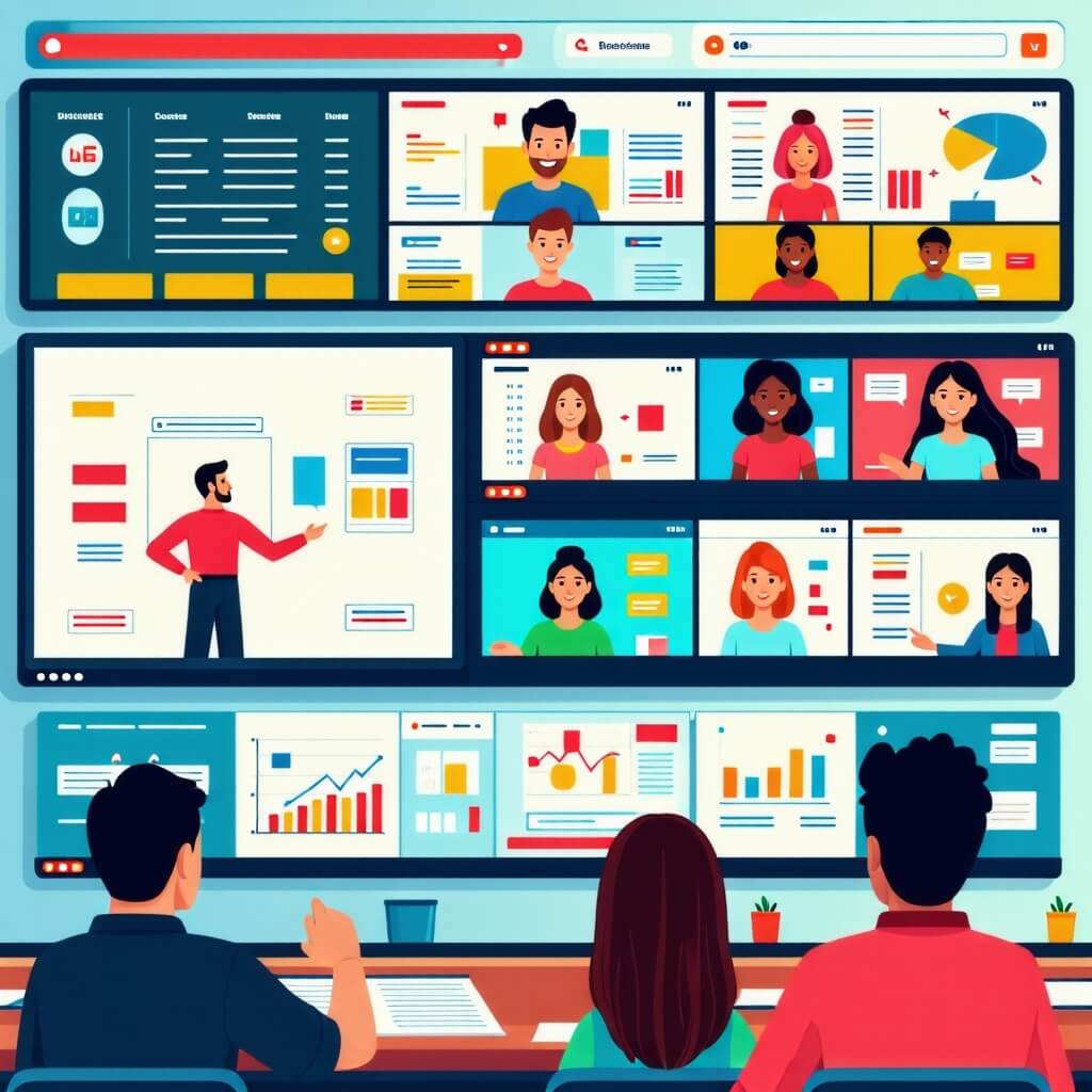 여러개의모니터-관람하는남녀-3명