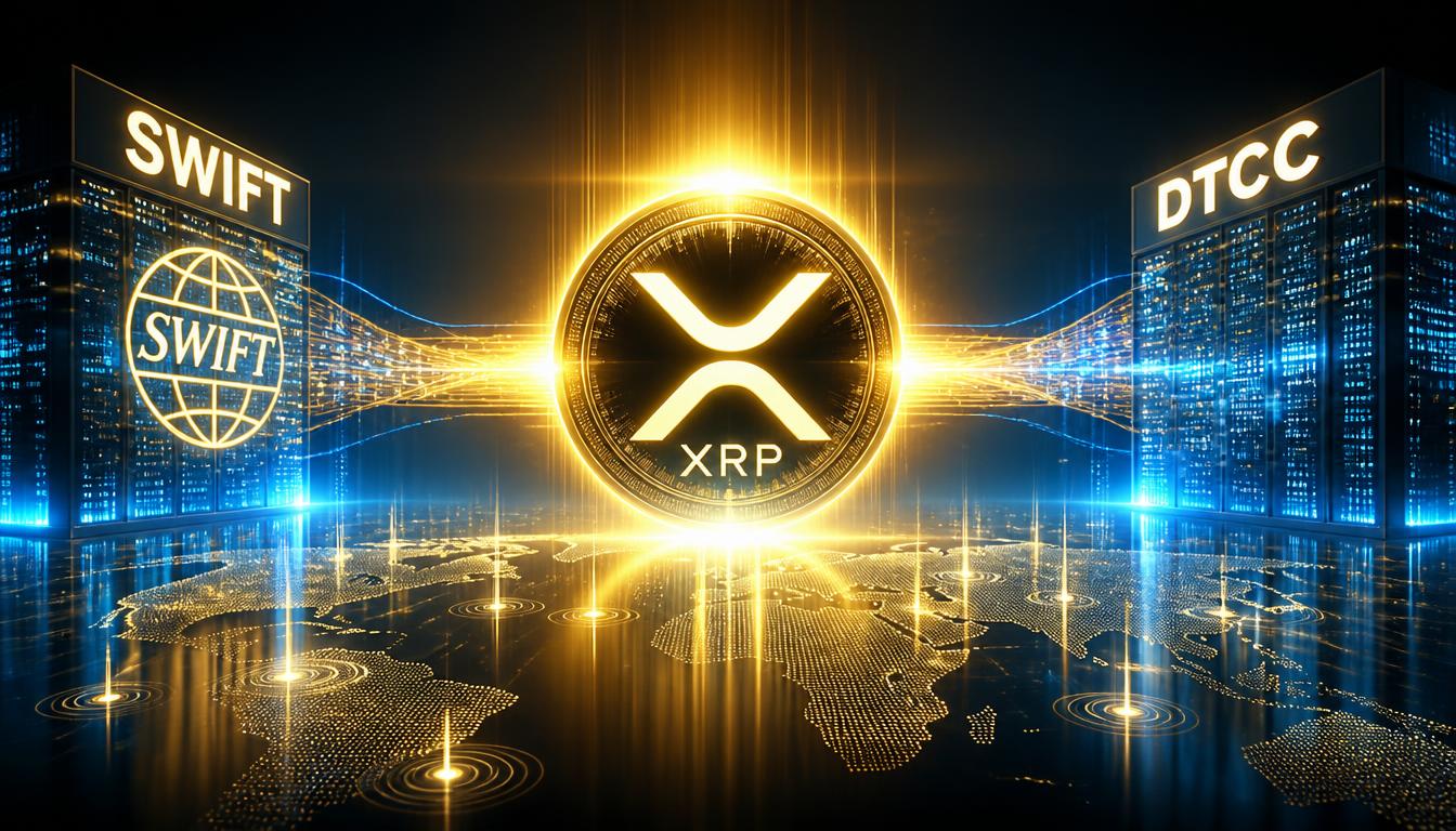 Prominent official XRP cryptocurrency logo glowing in the center as a high-speed liquidity bridge connecting global financial networks.