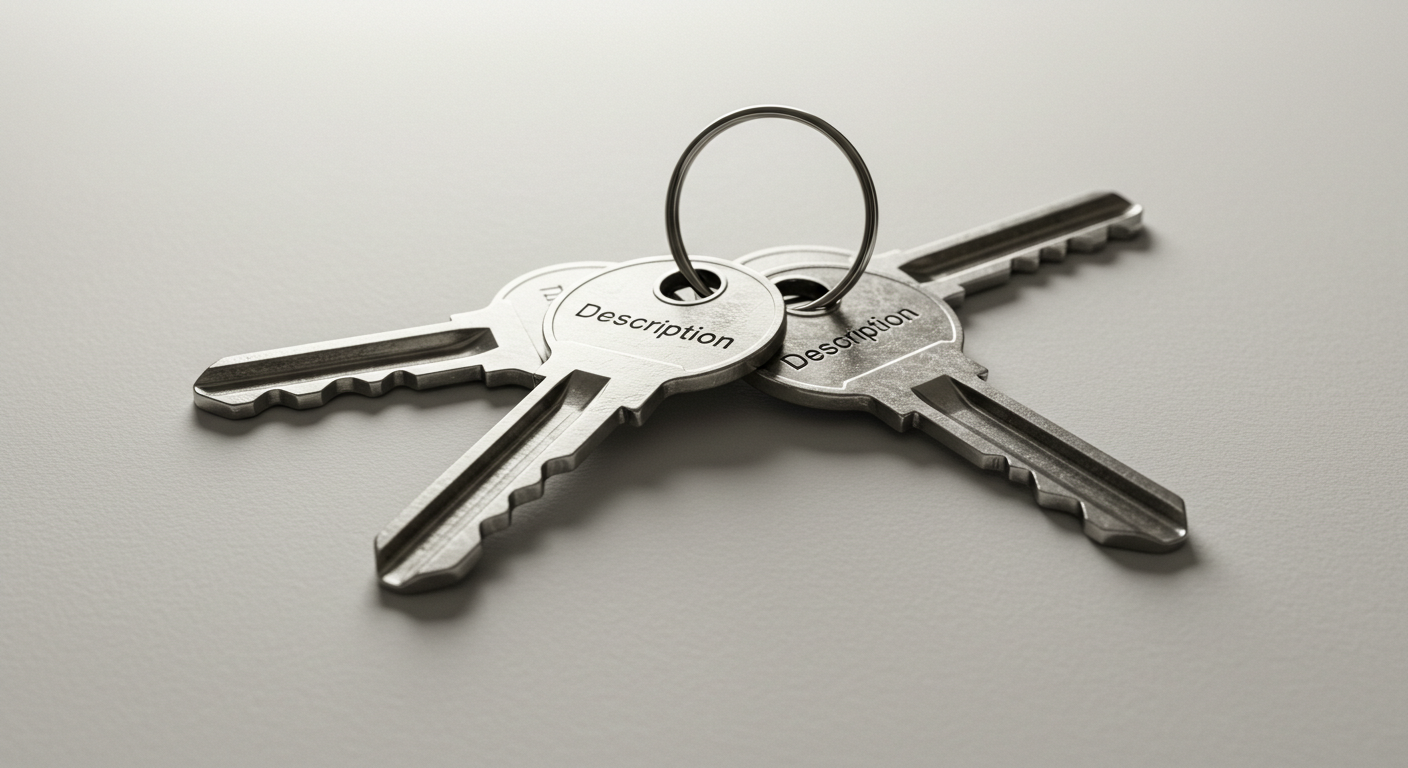 제목&middot;설명&middot;태그의 역할을 서로 다른 열쇠로 상징화해 배치한 개념 이미지