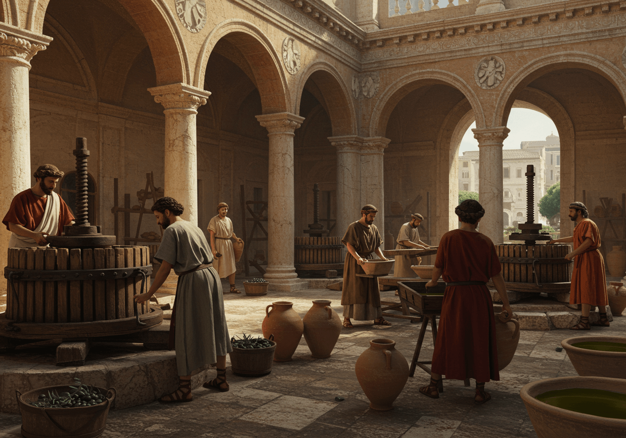 고대 로마 시대 사람들이 올리브를 착유해 올리브오일을 만드는 장면을 재현한 이미지