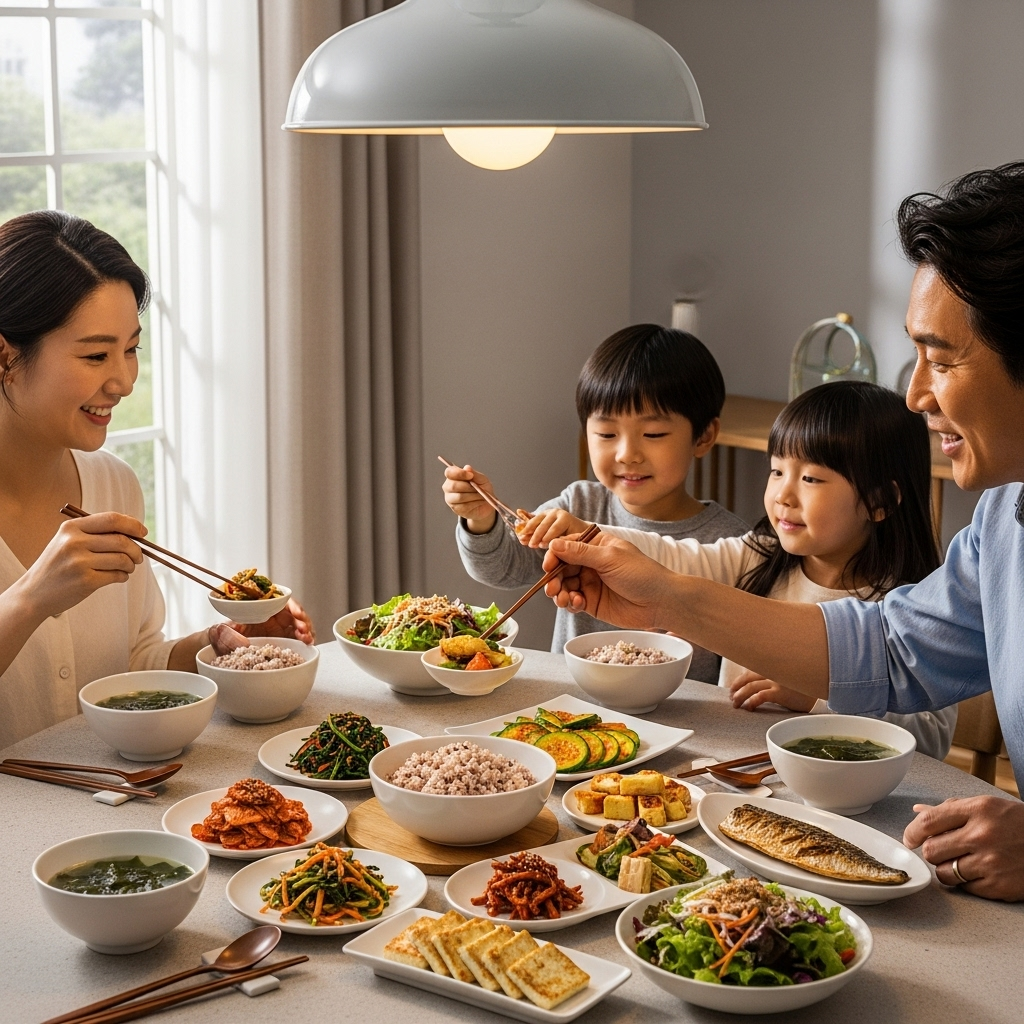 균형 잡힌 식습관을 실천하고 있는 가족의 식사 장면