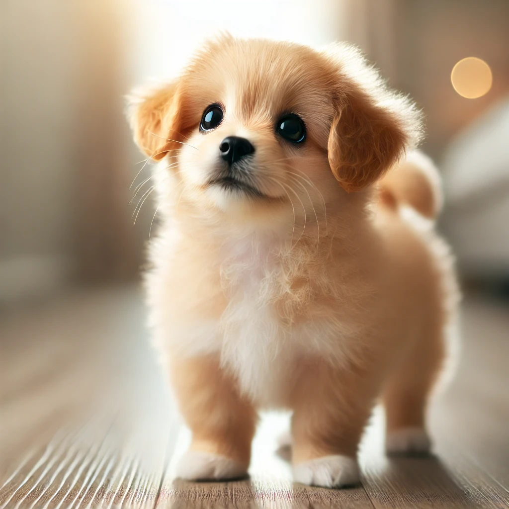 바닥 위에서 호기심 가득한 눈빛으로 올려다보는 작은 강아지