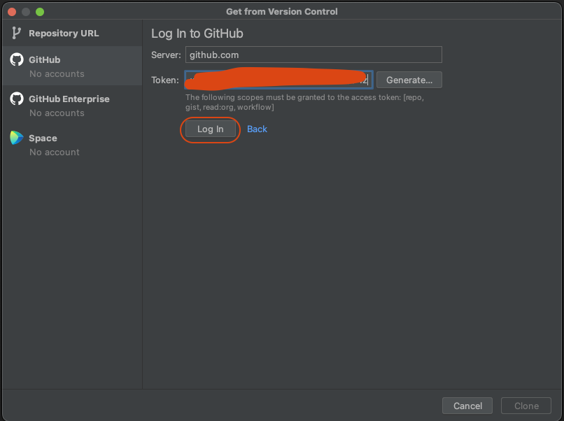 3. Token 입력 칸에 깃에서 생성한 Token 값을 넣어주고&#44; Log in 클릭