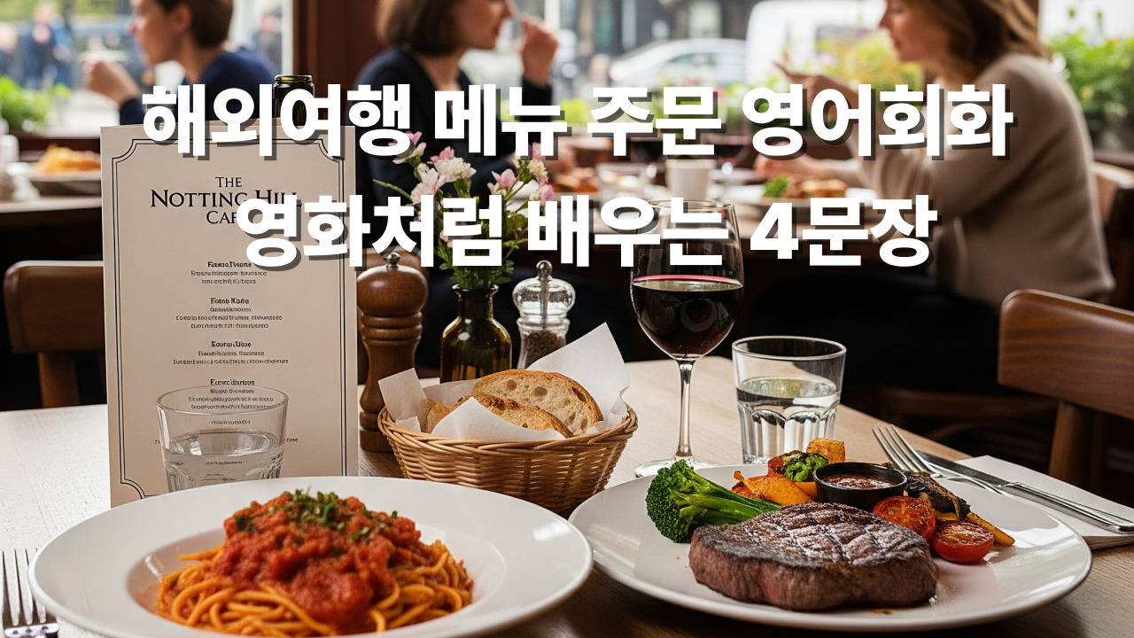 해외여행 식당에서 메뉴판과 파스타, 스테이크가 놓인 노팅힐 카페 테이블 모습