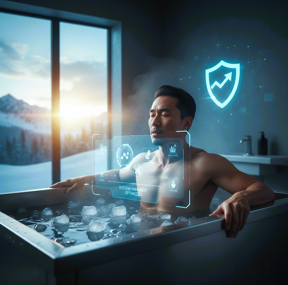 차가운 물에서 콜드 플런지 중인 건강한 사람 이미지