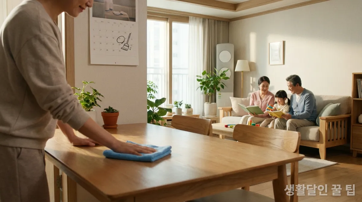 깔끔하게 관리된 한국 가정집에서 청소하는 모습