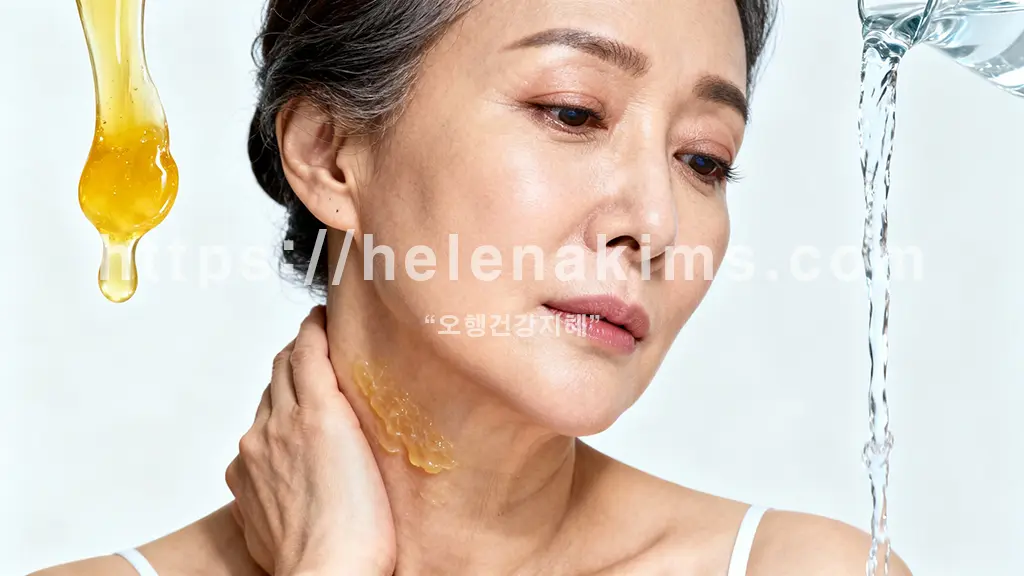 목에 끓는 누런 가래로 답답함을 느끼며 미간을 찌푸린 중년 여성, 턱과 목을 감싸 쥐는 손동작으로 불편함을 강조, 가래를 상징하는 끈적하고 탁한 노란 액체가 응축되어 있고, 다른 한쪽에는 맑고 시원한 물줄기가 상쾌하게 흐르는 모습.