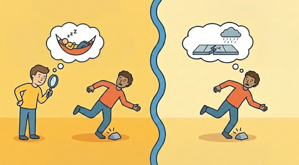 돌에 걸려 넘어진 사람을 보고 관찰자는 개인의 게으름을 탓하지만 당사자는 비 오는 날씨와 갈라진 도로 상황을 원인으로 생각하는 기본적 귀인 오류 현상