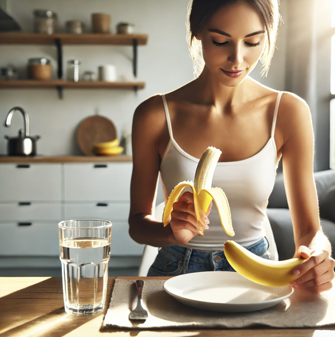 아침식사로 바나나와 물을 먹는 여성