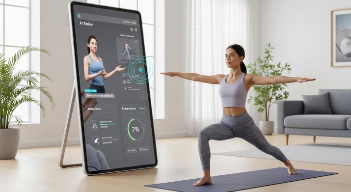 스마트 미러를 통해 AI 트레이너의 코칭을 받으며 요가 자세를 교정하는 여성