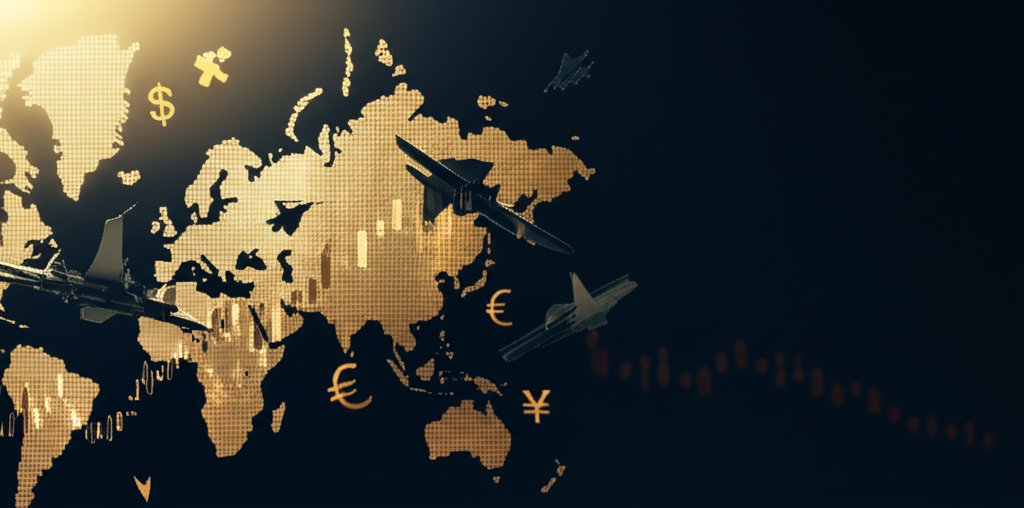 러-우 전쟁과 금융 시장 영향 추상화, 금색과 남색 톤, 시네마틱 히어로 스타일