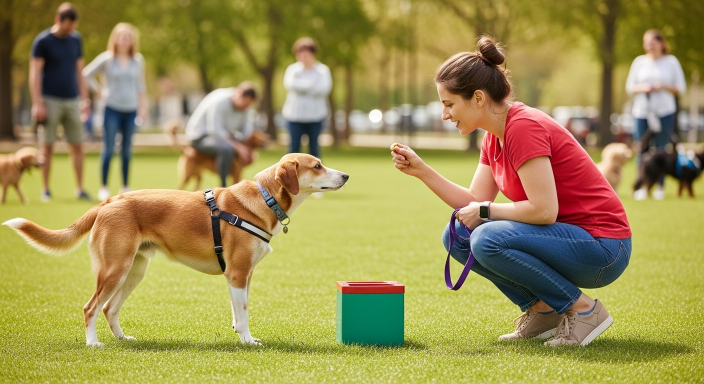 공원에서 주인이 강아지와 즐겁게 훈련하며 교감하는 모습. 훈련을 통해 형성되는 유대감과 행복한 동행을 보여줌.