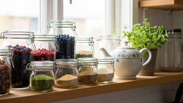 주방 선반 위에 차·분말·영양제가 정리된 모습