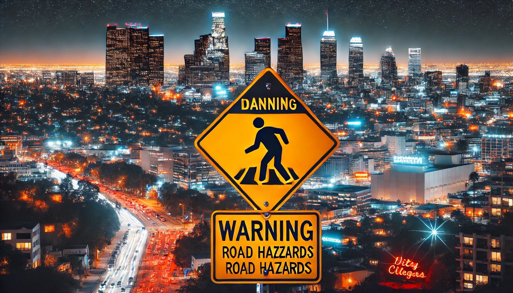 LA 야경 + 경고 표지판