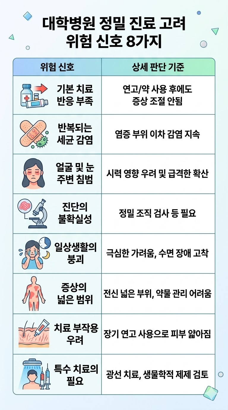 대학병원 정밀 진료를 고려해야 하는 만성 피부염 위험 신호 8가지 판정 기준 표
