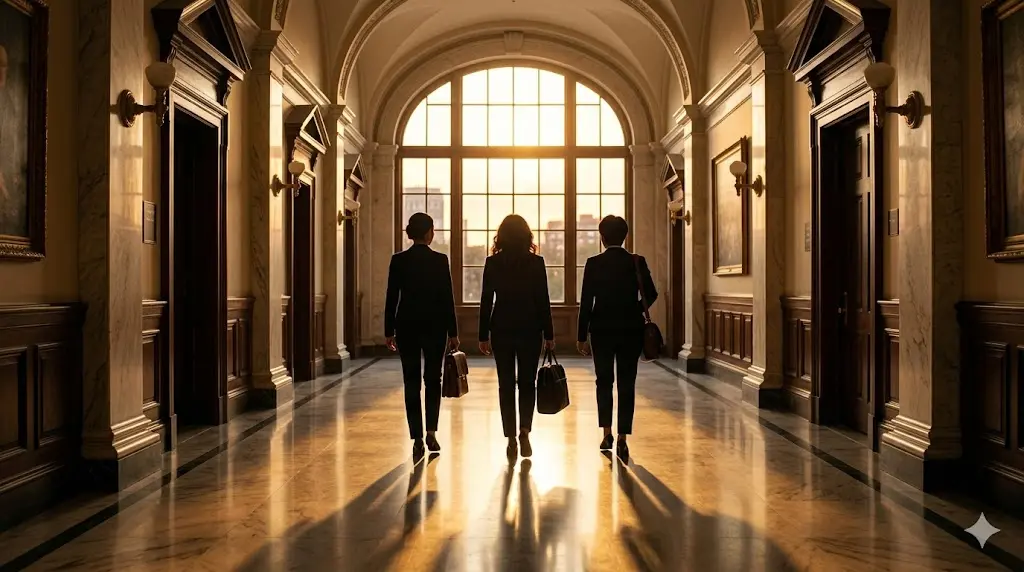 아너 그녀들의 법정 모든 재판이 끝난 후 텅 빈 법정을 걸어 나오는 엘앤제이 3인방의 뒷모습. 빛이 스며드는 복도를 향해 당당하게 걸어가는 실루엣