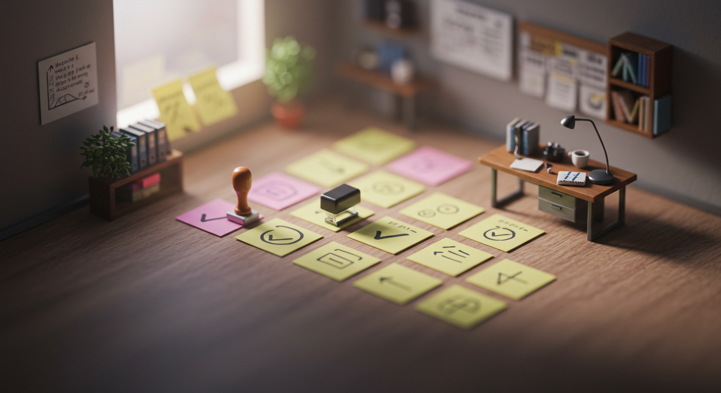 작은 메모지·스탬프·체크마크 등 미니어처 소품을 틸트쉬프트로 촬영해 꿀팁 아이콘처럼 배치한 이미지