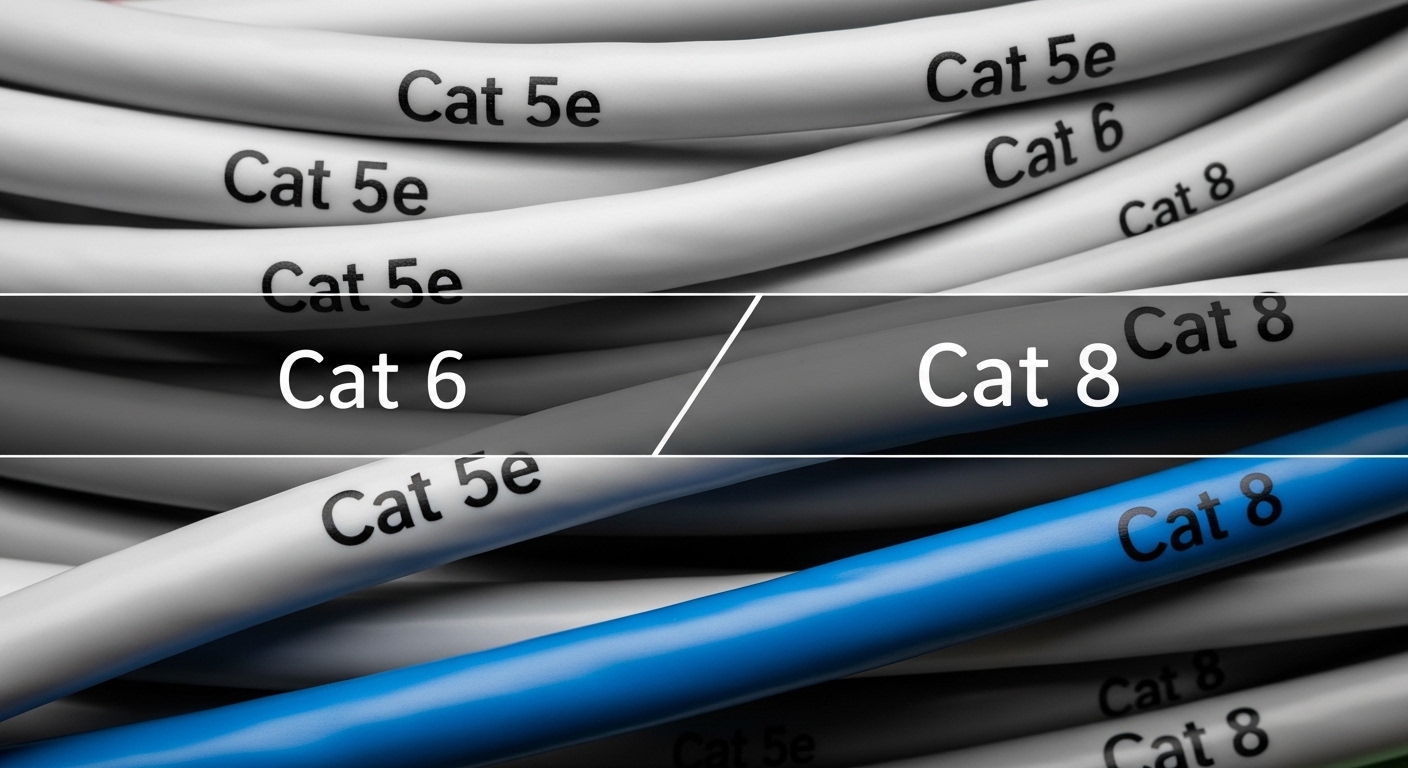 Cat 5e, Cat 6, Cat 8 등 다양한 이더넷 케이블의 카테고리 등급이 명확히 표시된 모습, 성능 분류의 중요성 강조.