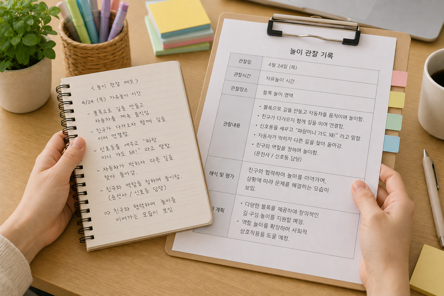 교사가 손으로 쓴 관찰메모와 정리된 출력물을 나란히 비교하는 모습