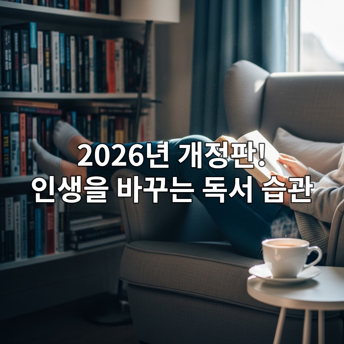 편안한 안락의자에 앉아 책을 읽는 사람의 옆모습. 창문에서 스며드는 따뜻한 햇살이 독서의 평화로운 분위기를 강조합니다. 독서 습관 시작에 대한 영감을 줍니다.