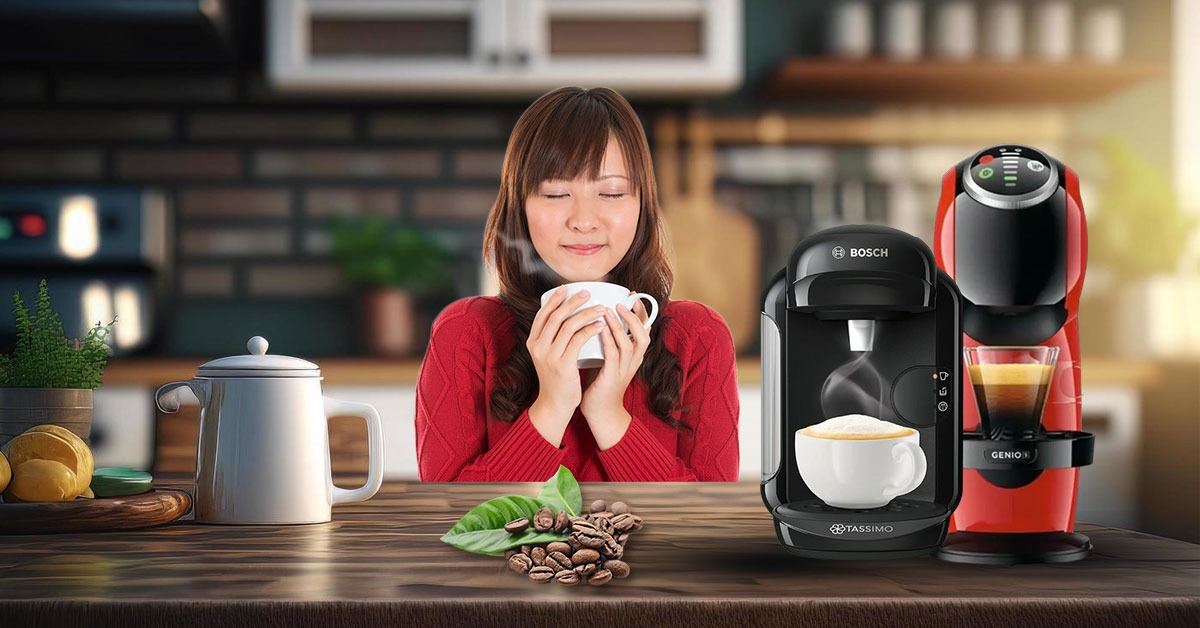현대식 주방 환경에서 Dolce Gusto, 에스프레소 머신, 드립 커피 메이커를 포함한 다양한 커피 머신을 비교했습니다.
