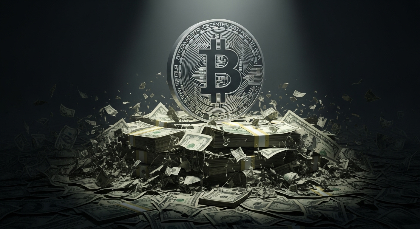 달러 지폐가 무너지고 그 위에 비트코인 로고가 서 있는 모습]