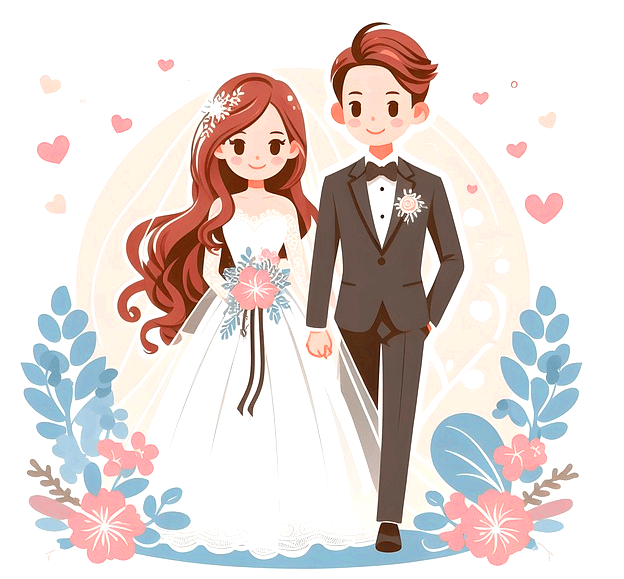 갈색머리를 한 긴 머리 신부와 신랑이 팔짱을 끼고 서 있다. 신부는 하얀 웨딩드레스를 입었다.