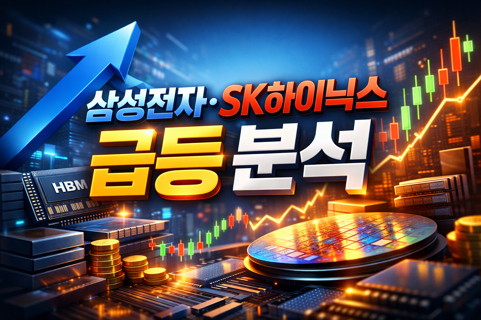 삼성전자 SK하이닉스 급등 분석 3D 썸네일 이미지, HBM 반도체와 주가 상승 그래프 시각화