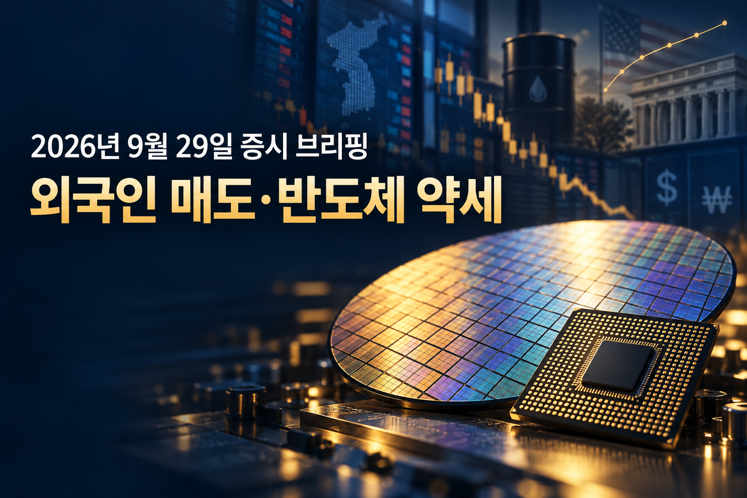 반도체 웨이퍼와 칩을 배경으로 외국인 매도와 반도체 약세를 표현한 2026년 9월 29일 증시 브리핑 대표 이미지