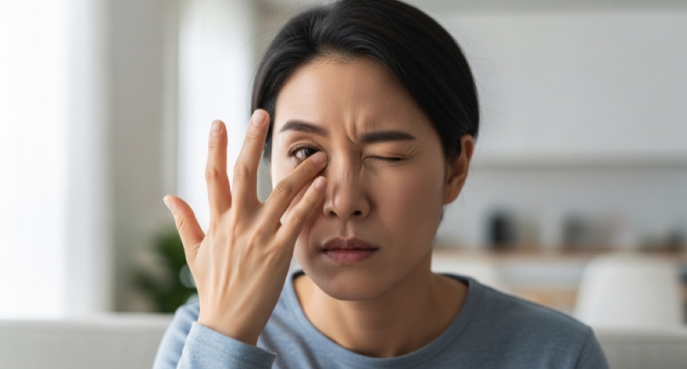 눈에 모래가 들어간 듯 이물감을 느끼는 모습