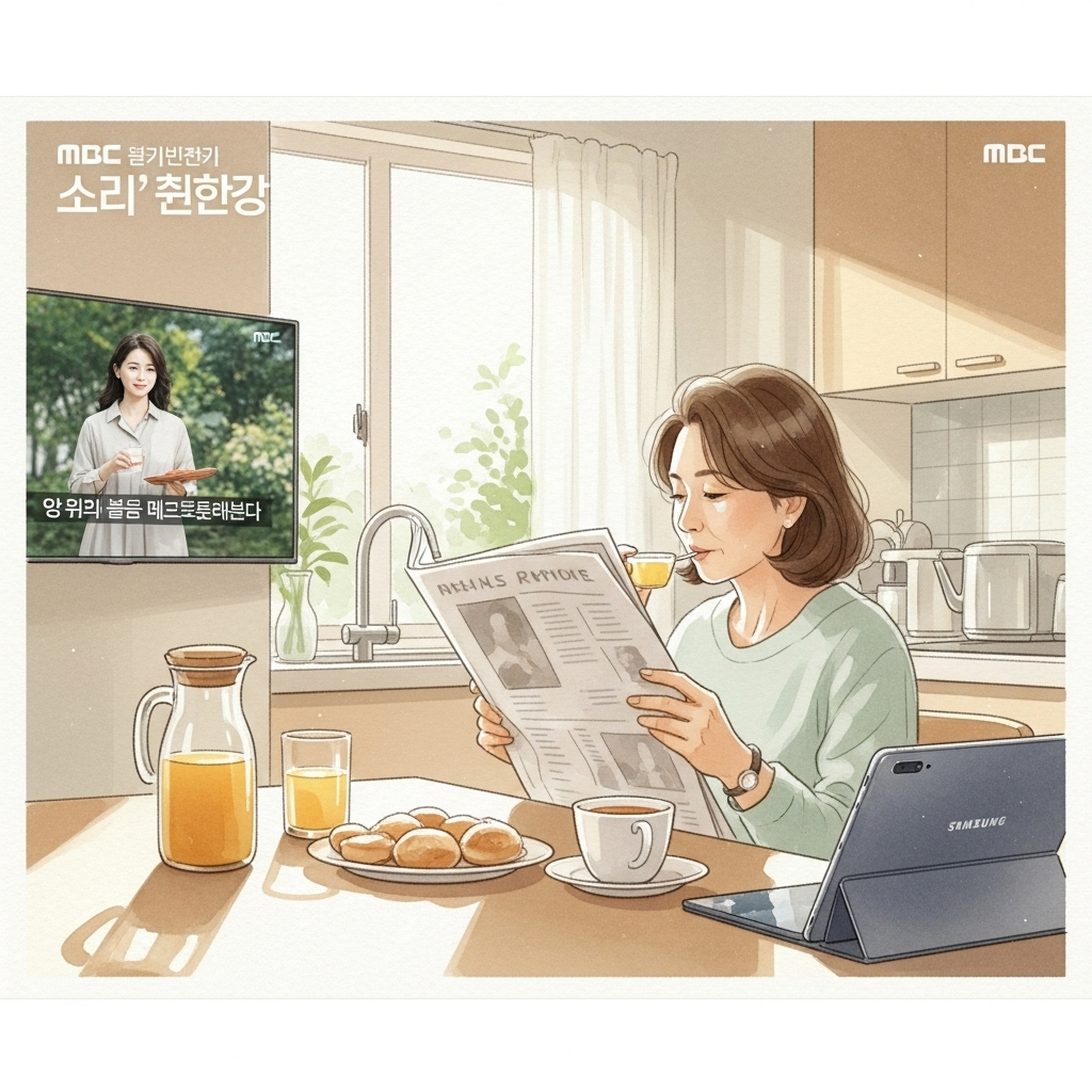 따뜻한 햇살이 비추는 주방에서 한 중년 여성이 편안하게 앉아 신문을 읽으며 아침 식사를 즐기고 있습니다.
