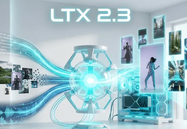 LTX-2.3: 밝은 미래형 사무실의 깨끗한 흰색 책상 위에 복잡한 구형 엔진과 GPU 데스크톱 PC가 놓여 있다. 왼쪽에서 텍스트 입력 흐름이 중앙의 구형 엔진 코어로 들어가 처리되고, 오른쪽 GPU에서 온 에너지 줄기가 엔진을 구동한다. 엔진에서 오른쪽 위로 춤, 풍경, 도시 등 AI로 생성된 다양한 콘텐츠를 보여주는 다수의 세로형 홀로그램 비디오 패널이 폭발하듯 솟아오른다. 최상단에는 'LTX 2.3'이, 최하단에는 'MULTIMODAL CREATION ENGINE'이 적혀 있다. 전반적으로 빛을 활용한 세련되고 강력한 창작 인프라를 보여준다. (Futuristic office, AI video workstation, multimodal engine, text-to-video, local execution, holograms, RTX 4090, creator tools)