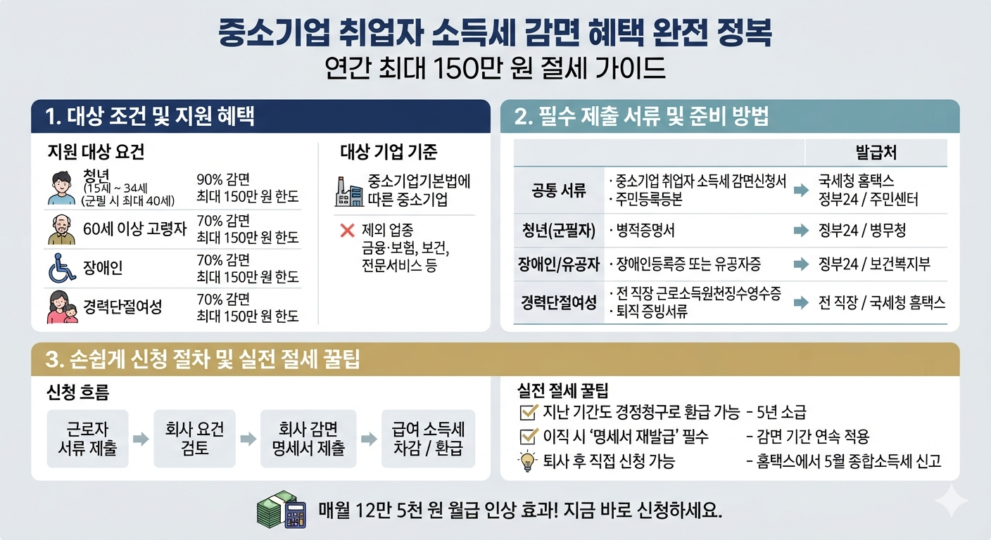 중소기업 취업자 소득세 감면 대상, 필요 서류, 신청 절차를 요약한 인포그래픽