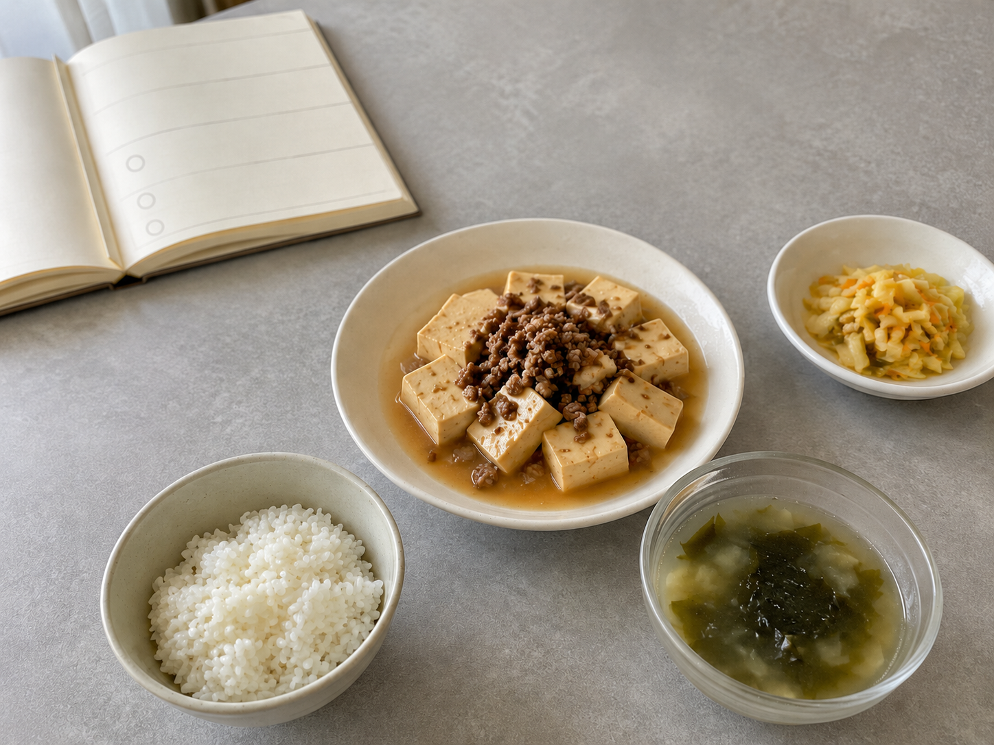 그레이 세라믹 식탁 위에 밥과 미역국, 소고기두부조림, 밑반찬 한 가지와 세 개의 후보 표시가 있는 식단 노트가 놓인 모습