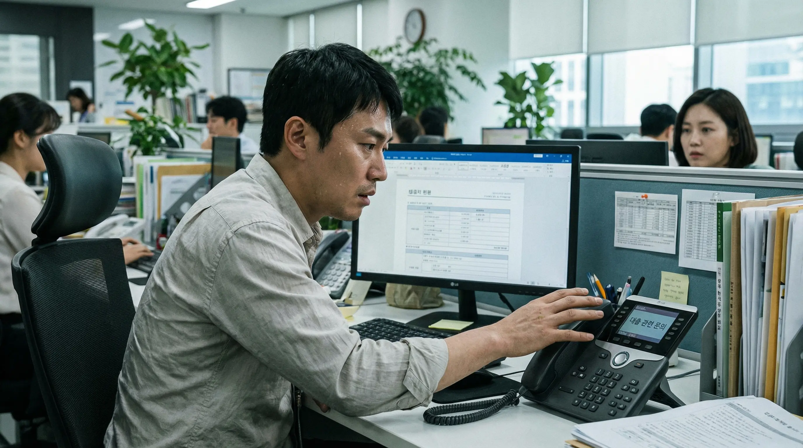 사무실에서 회사 전화가 울리자 대출 확인 전화일까 봐 긴장하는 직장인의 모습