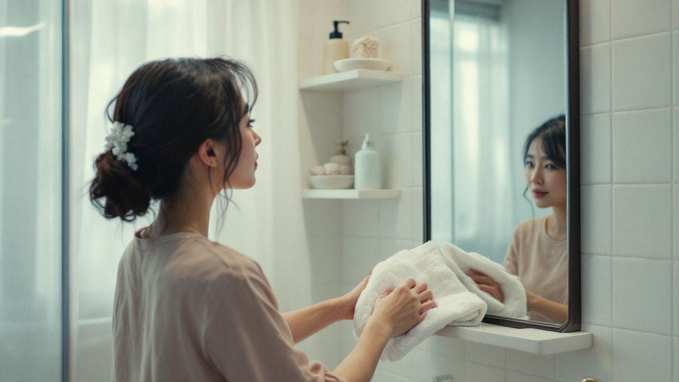 대한민국 여성의 미니멀한 욕실에서 수건을 정리하며 거울을 닦고 있는 모습, 욕실 선반은 필수 용품만 깔끔하게 정돈되어 있음