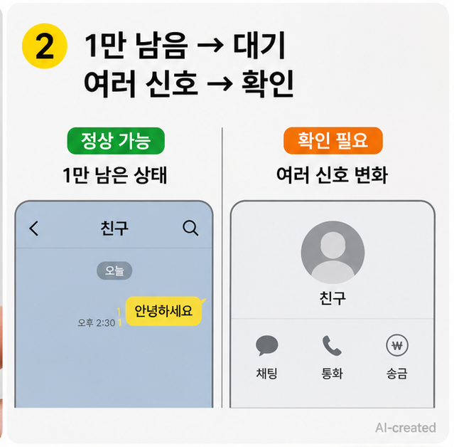 카톡 차단 확인 방법에서 메시지 1과 프로필 변화를 잘못 판단하는 상황